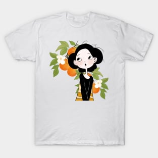 Curious Girl Peeking Through Lush Orange Tree with Blossoms in a Night Setting T-Shirt